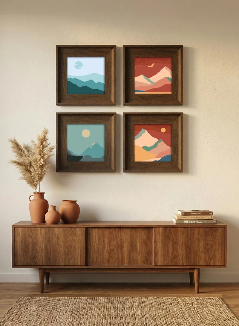 LOWHA Set of 4 Canvas Wall Art Stretched Over Wooden Frame with Vintage Brown Floating Frame and Abstract Design